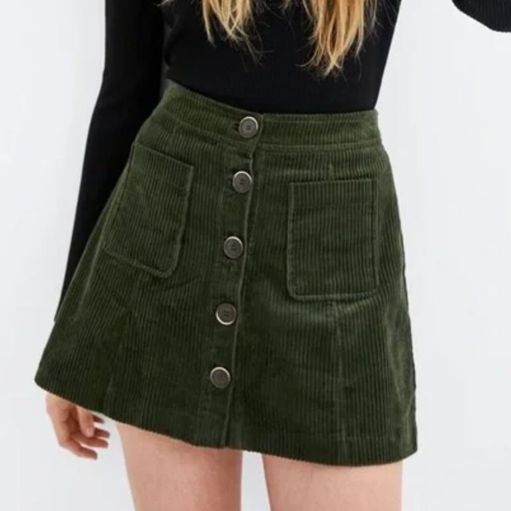 Zara TRF Dark Green Button-Down Corduroy Skirt